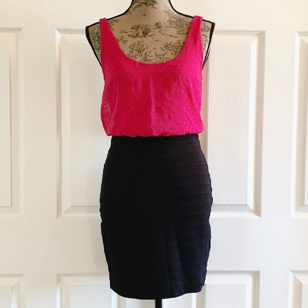 Fuchsia Black Color Block Bodycon Sexy Mini Dress